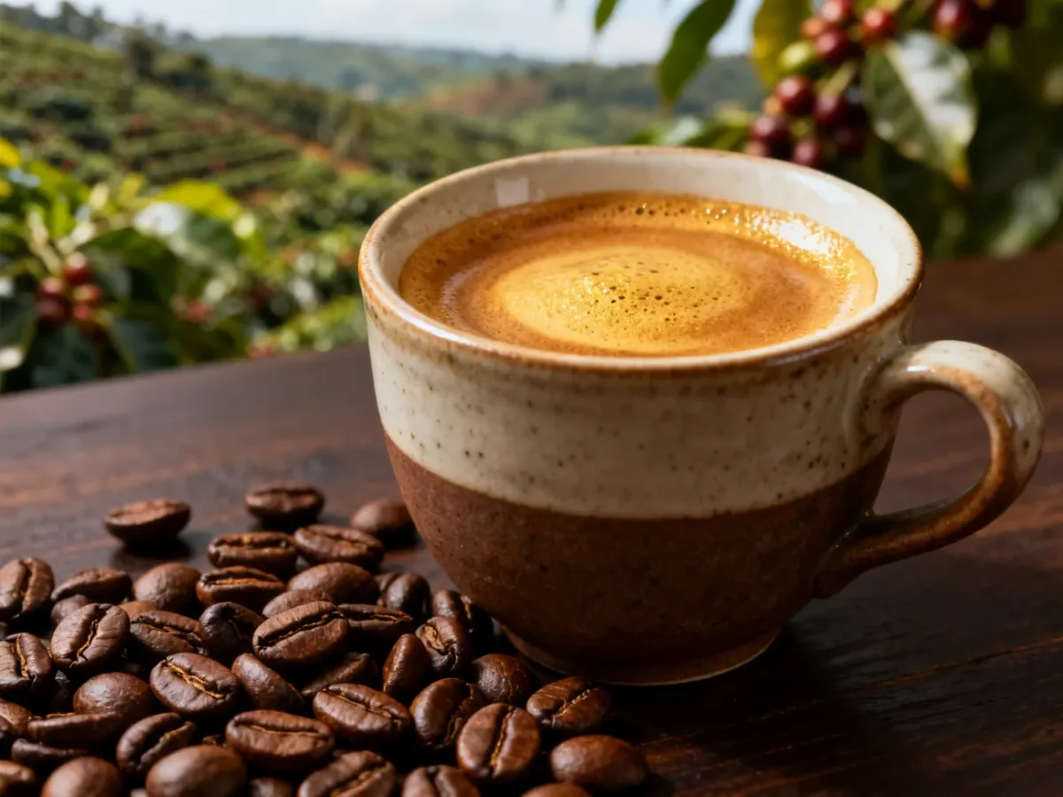 Espresso z gęstą cremą i ziarnami kawy Robusta