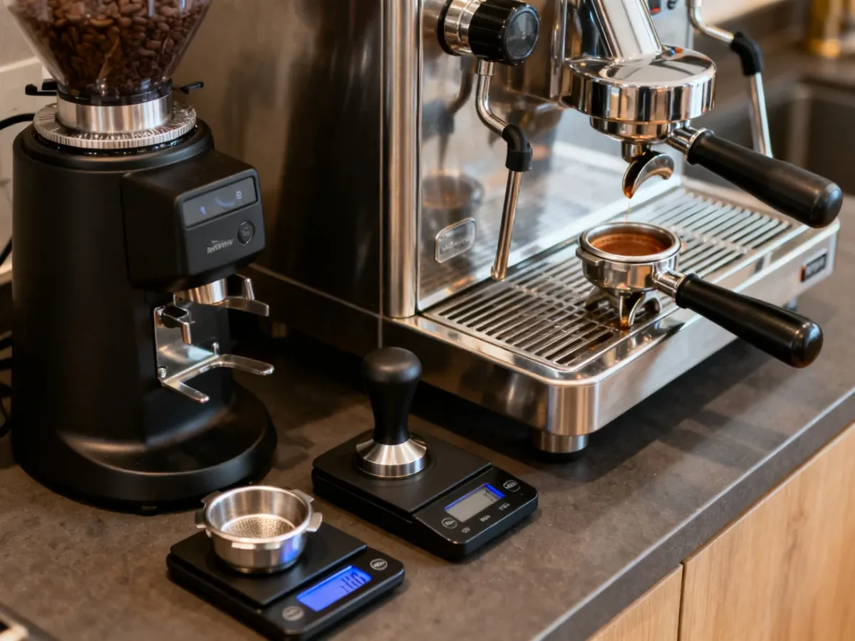 Podstawowy zestaw akcesoriów do przygotowywania espresso na blacie kuchennym