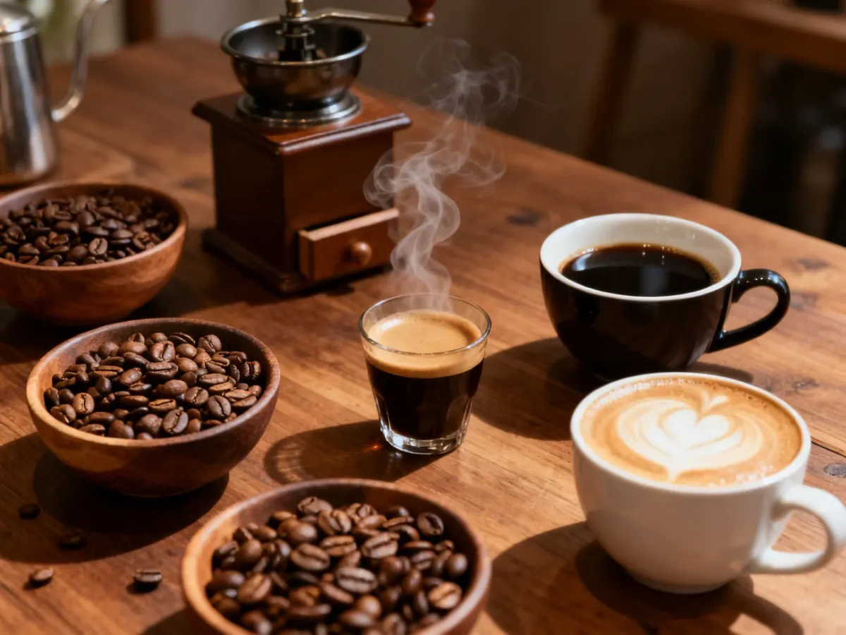 Degustacja różnych kaw ziarnistych, espresso i cappuccino na drewnianym stole