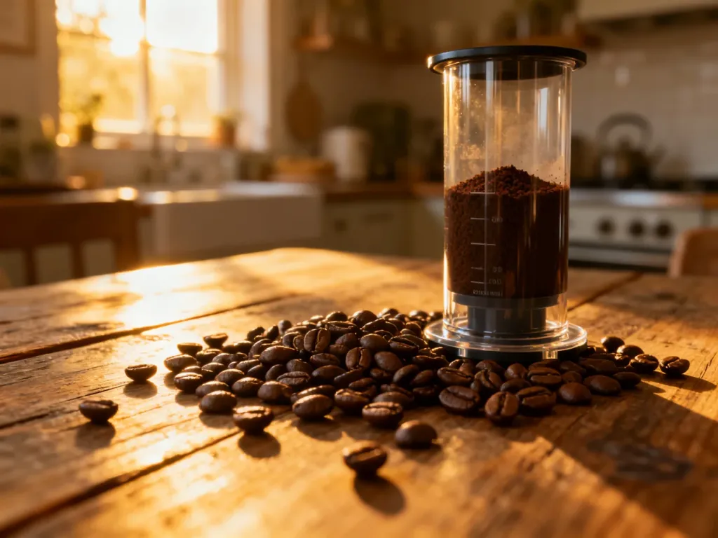 Ziarna kawy obok urządzenia Aeropress na drewnianym stole w promieniach porannego słońca.