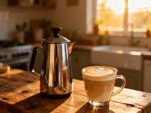 Szklane zaparzacze Chemex i Hario V60 stojące obok siebie na drewnianym stole w promieniach porannego słońca.