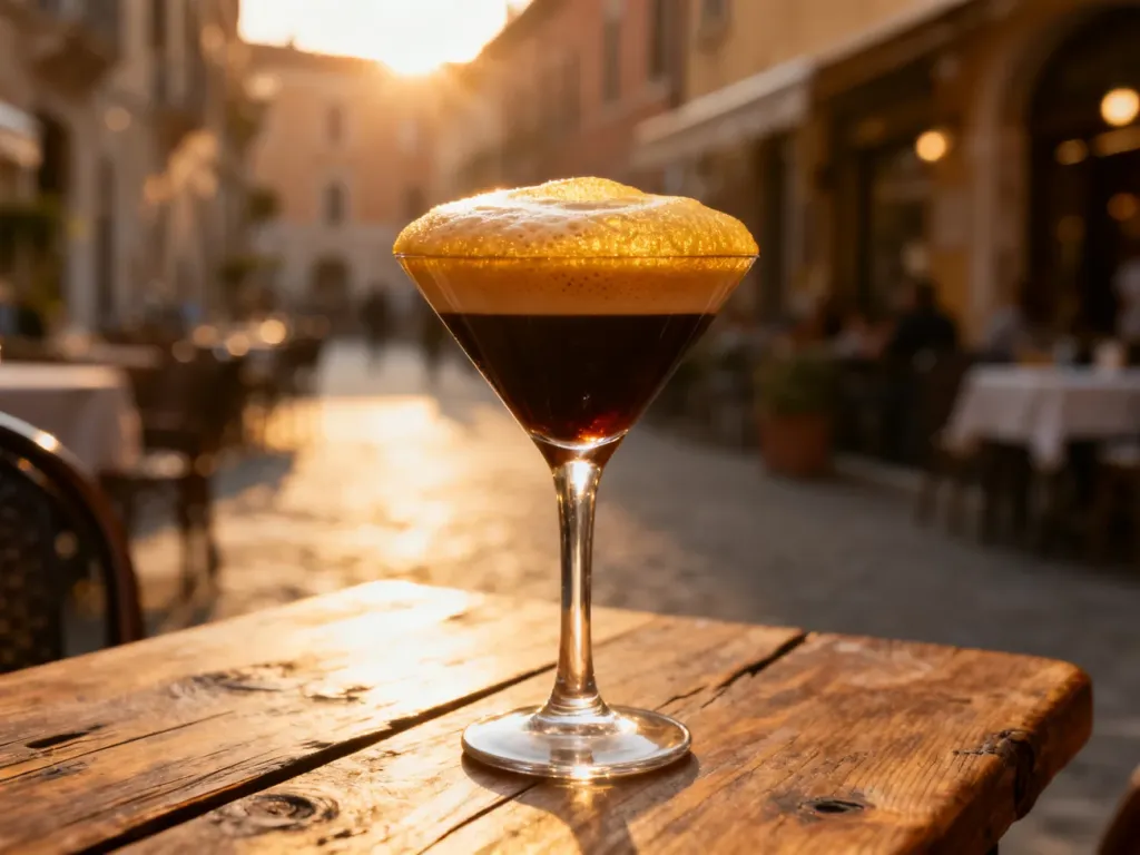 Mrożona kawa shakerato podana w eleganckim kieliszku do martini z wyraźną, złotą pianką na powierzchni.