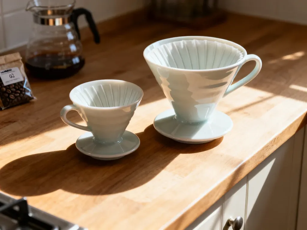 Porównanie ceramicznych dripperów Hario V60 w rozmiarach 02 i 03 ustawionych obok siebie na drewnianym blacie.