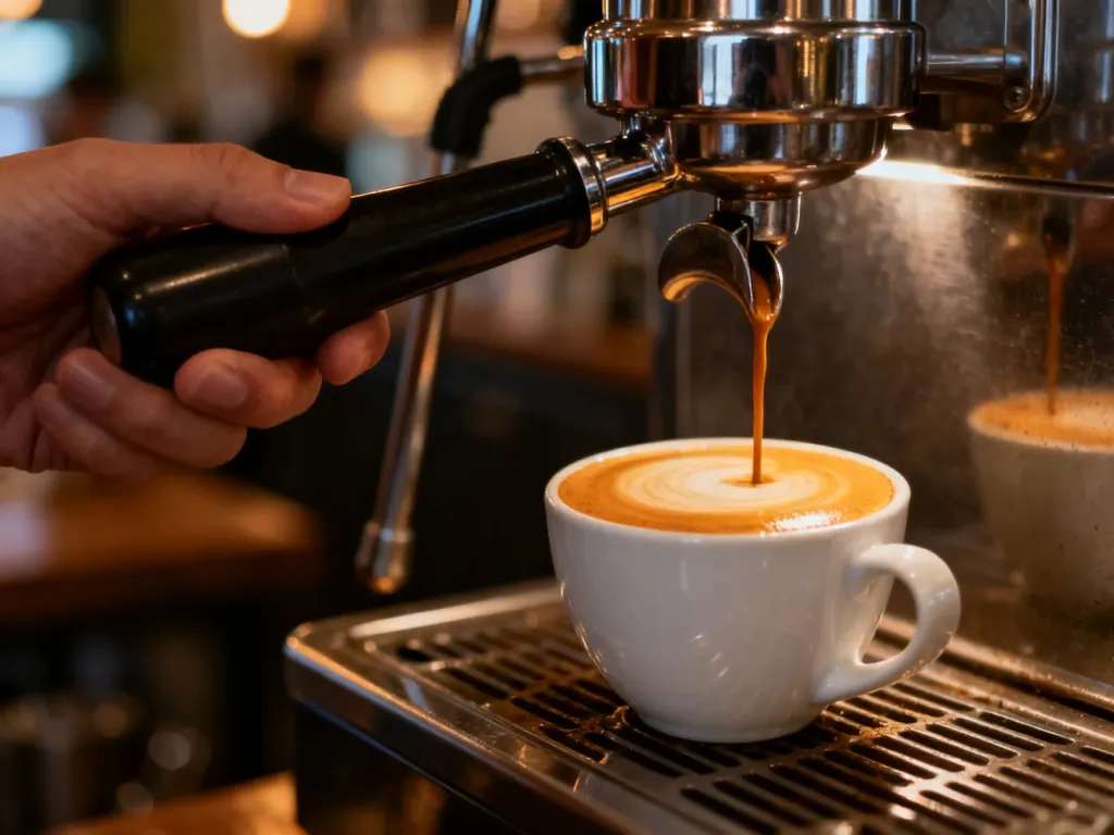 Strumień świeżo parzonego espresso z gęstą cremą wylewający się z kolby ekspresu do białej filiżanki.