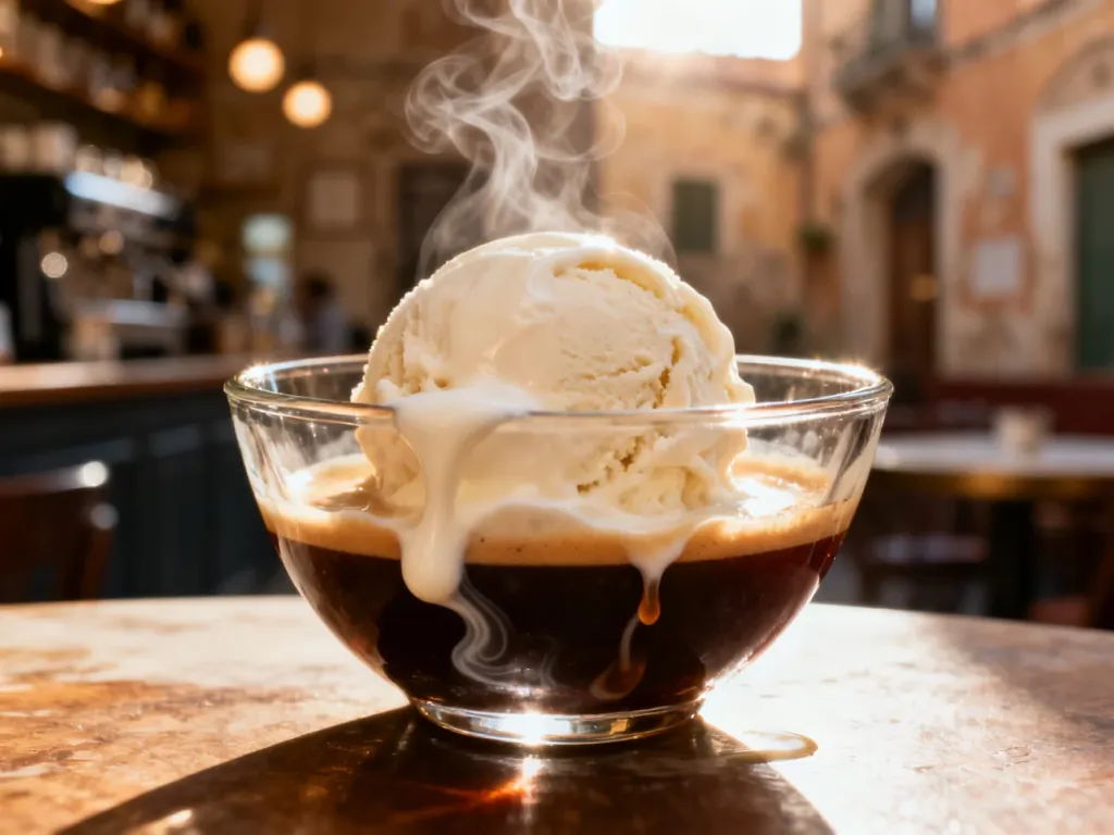 Gałka lodów waniliowych zanurzona w świeżym espresso, tworząca apetyczne, kremowe smugi w szklanym naczyniu.