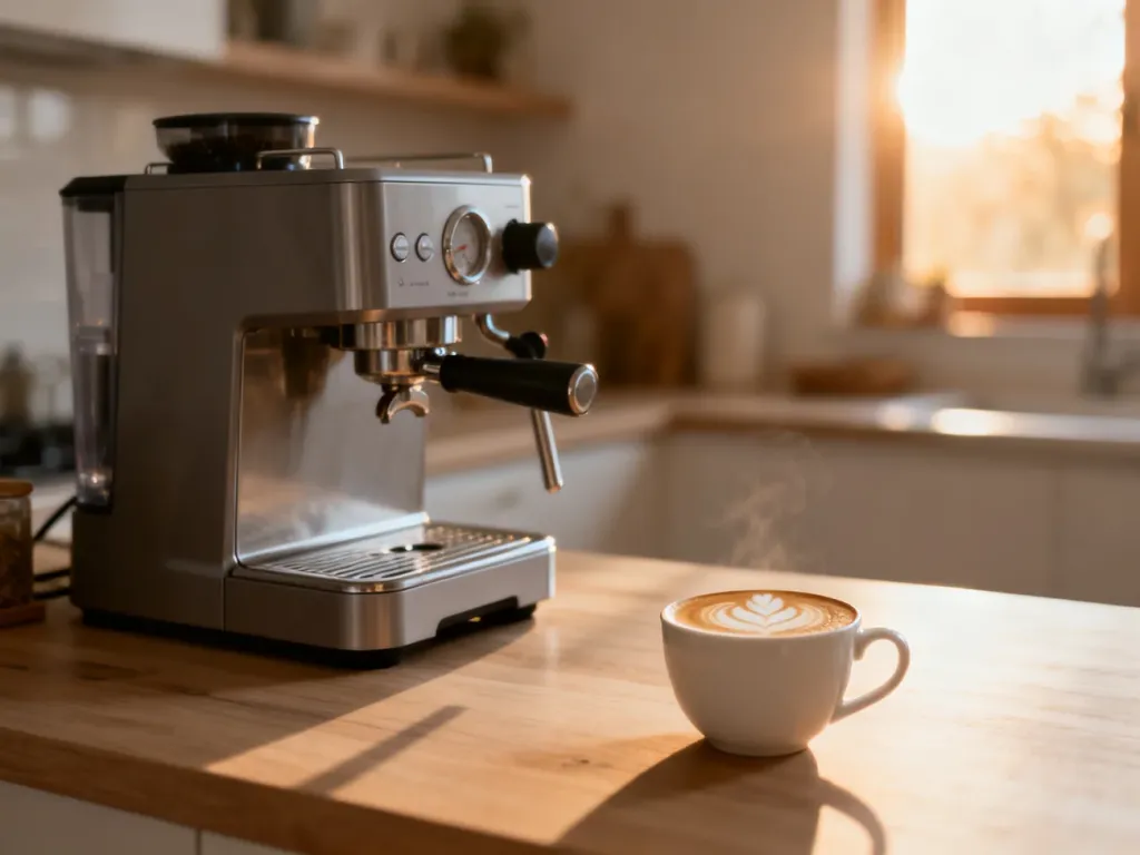 Nowoczesny ekspres do kawy na drewnianym blacie z filiżanką świeżego latte w porannym świetle.