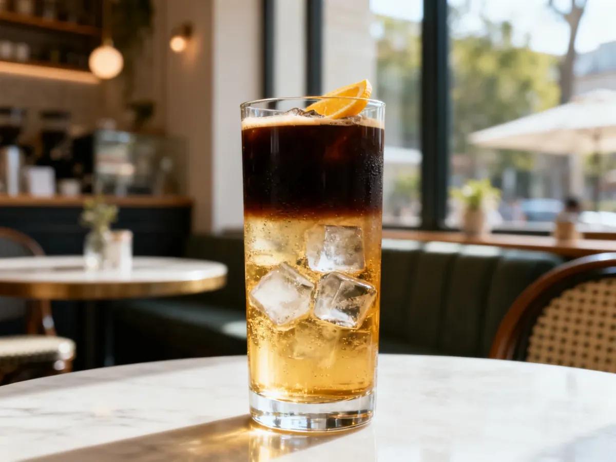 Dwuwarstwowy espresso tonic z lodem w wysokiej szklance