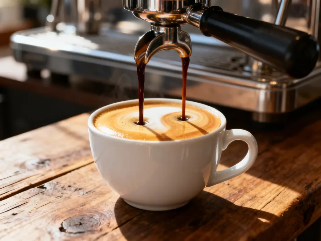 Dwie strugi świeżo parzonego espresso wlewające się do białej filiżanki z widoczną gęstą, złotą cremą.
