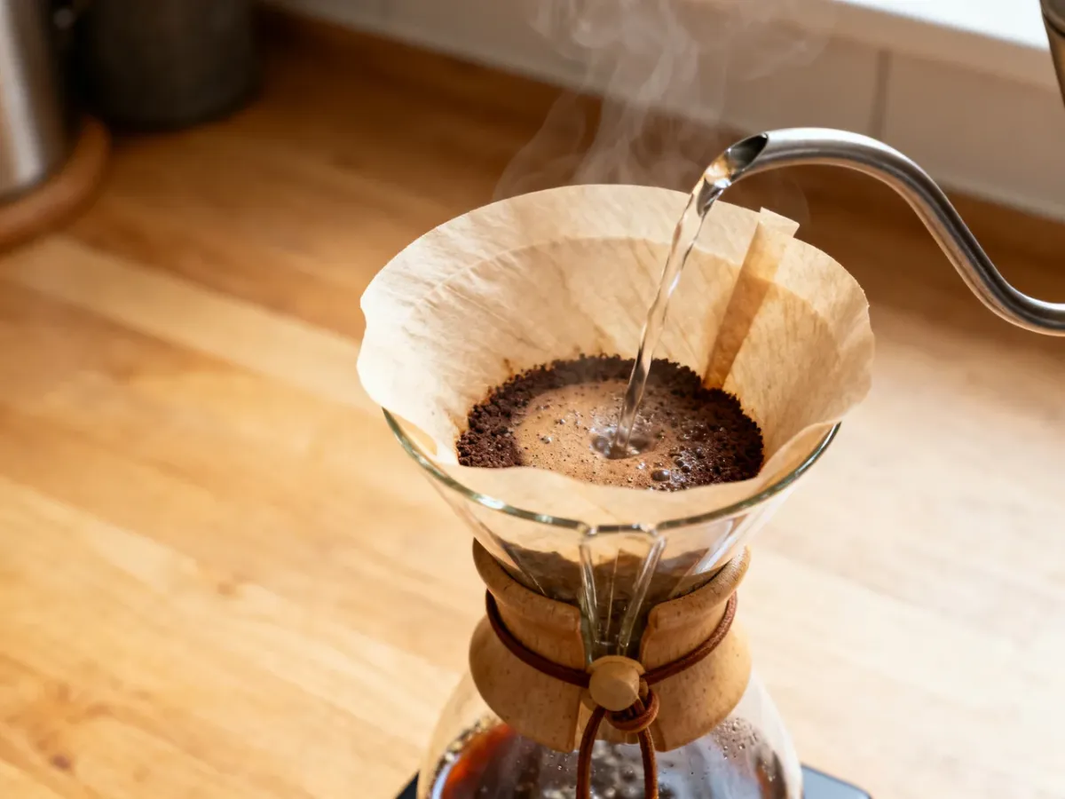 Chemex z papierowym filtrem podczas spokojnego parzenia kawy