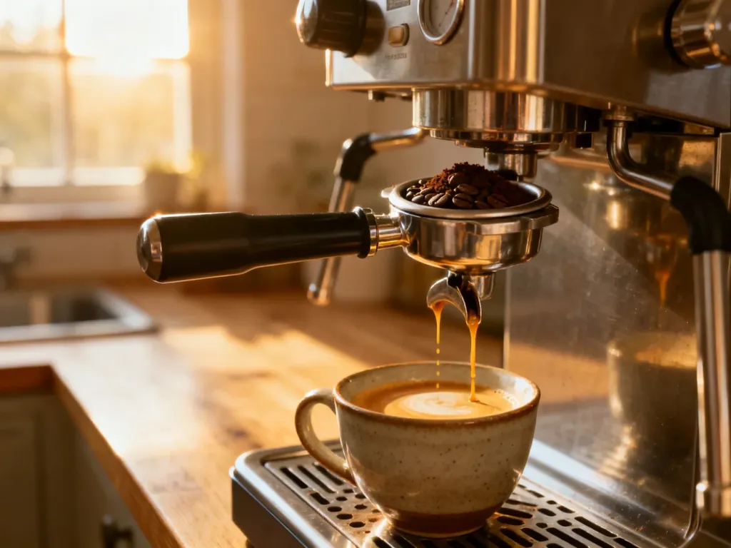 Profesjonalny ekspres kolbowy przygotowujący świeże espresso w słonecznej kuchni. Idealny wybór dla początkujących baristów.