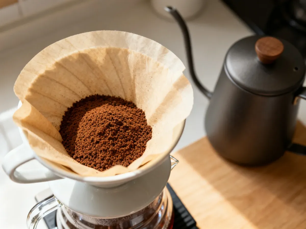Drip V60 with coffee grounds of a medium-fine, sand-like consistency