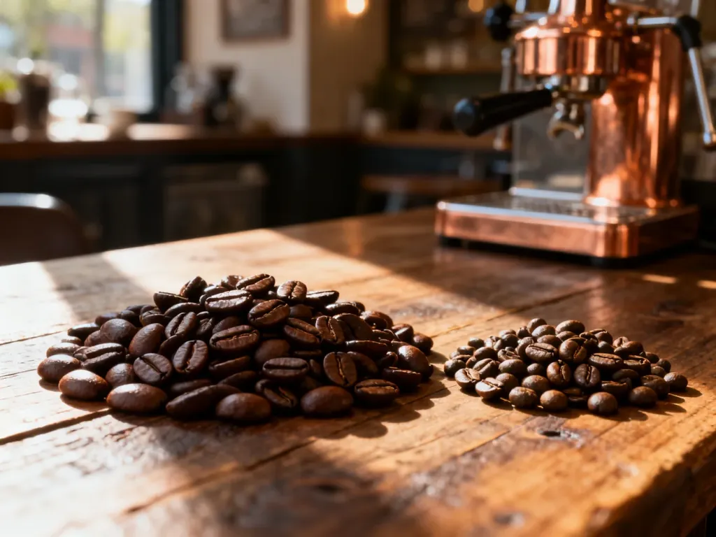 Dwie sterty ziaren kawy arabica i robusta na drewnianym stole, ukazujące różnice w ich kształcie i wyglądzie.