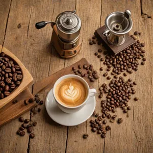 Filiżanka świeżego espresso z gęstą cremą na drewnianym stole, otoczona ziarnami kawy w przytulnej kawiarni.
