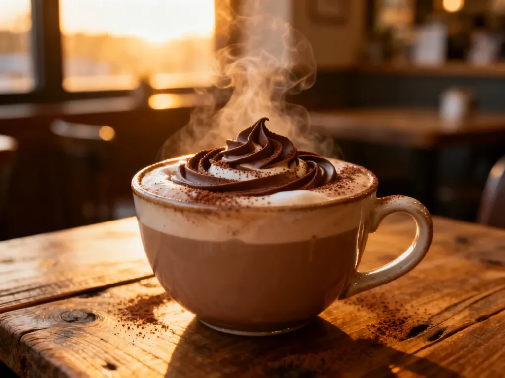 Parująca filiżanka kawy mocha z czekoladowymi wzorami i kakao na drewnianym stole w przytulnej kawiarni.
