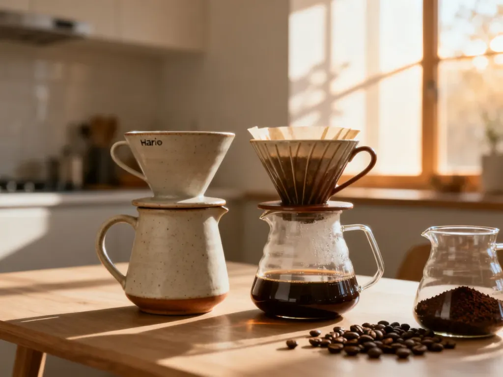 Dwa ceramiczne drippery, Hario V60 i Melitta, ustawione obok siebie na drewnianym stole w otoczeniu kawy i karafki.