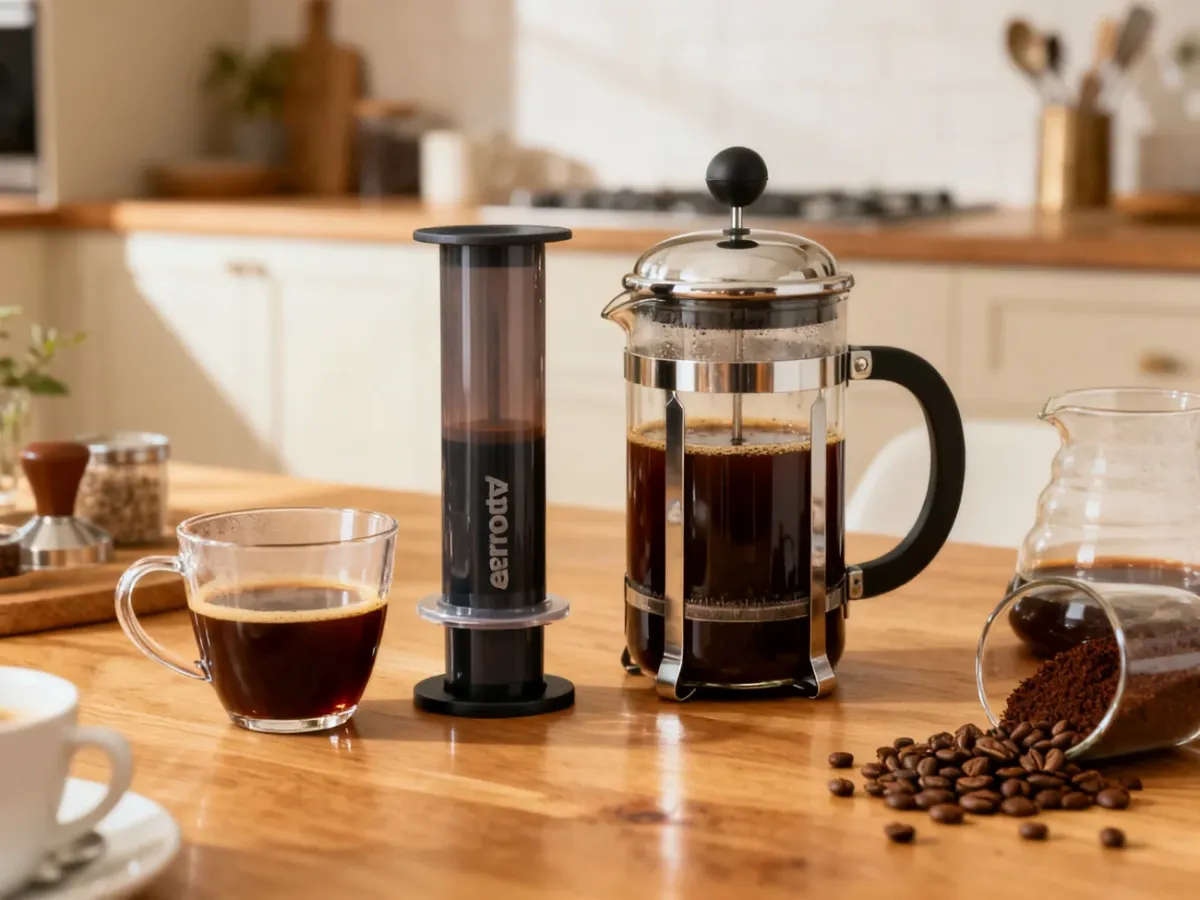 AeroPress i French press ustawione obok siebie przy filiżankach świeżo zaparzonej kawy