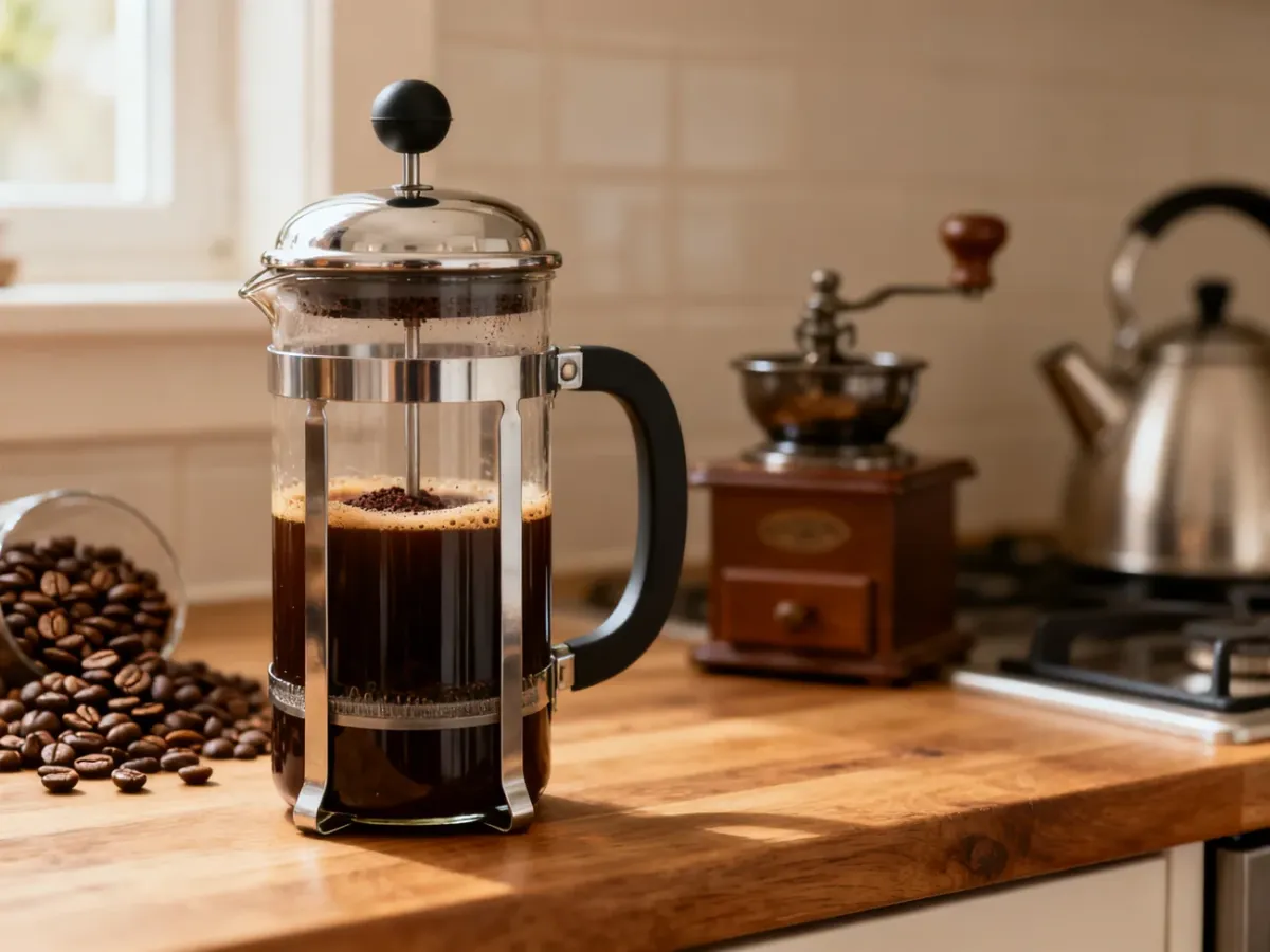 French press z zaparzoną kawą na kuchennym blacie