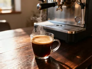 Filiżanka świeżego espresso z gęstą cremą na drewnianym stole, w tle profesjonalny ekspres i ziarna kawy.
