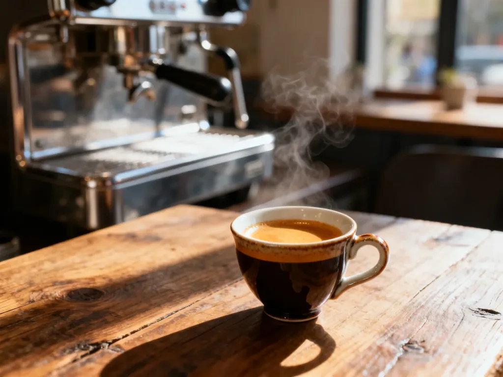 Elegancka filiżanka espresso z gęstą cremą na drewnianym stole w słonecznej kawiarni.