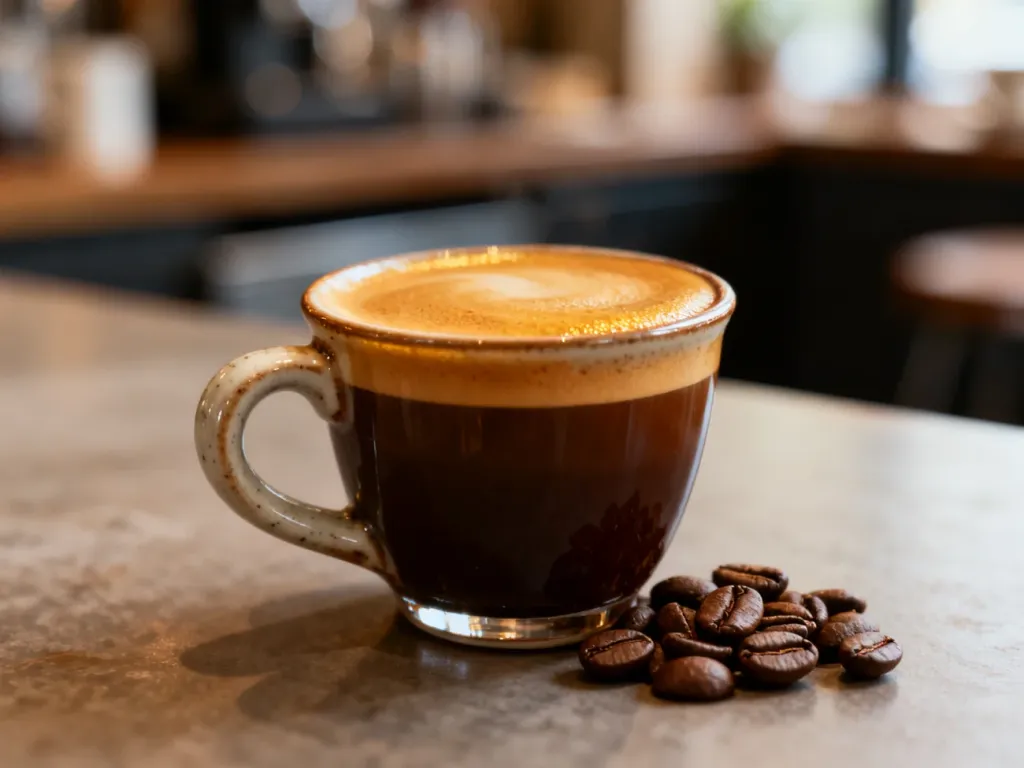Świeżo zaparzone espresso z gęstą cremą w ceramicznej filiżance oraz ziarna kawy w przytulnej kawiarni.