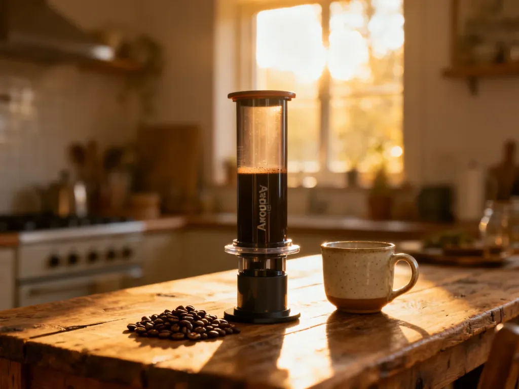 Aeropress ustawiony na drewnianym stole obok ziaren kawy i filiżanki w przytulnej, słonecznej kuchni.