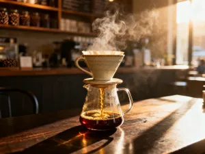 Szklany Chemex i ceramiczny dripper V60 ustawione obok siebie na drewnianym stole w otoczeniu ziaren kawy.