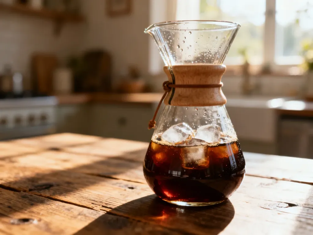 Szklany dzbanek z gotowym koncentratem cold brew na drewnianym stole w słonecznej kuchni.