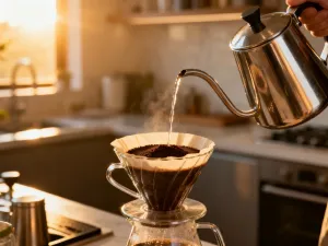 Cappuccino w ceramicznej filiżance z wzorem na piance, stojące na drewnianym stole w przytulnej kuchni.