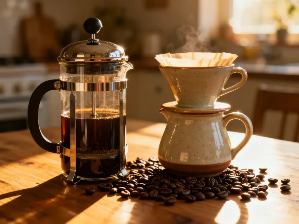 Szklany French press i ceramiczny dripper na drewnianym stole w otoczeniu ziaren kawy w przytulnej kuchni.