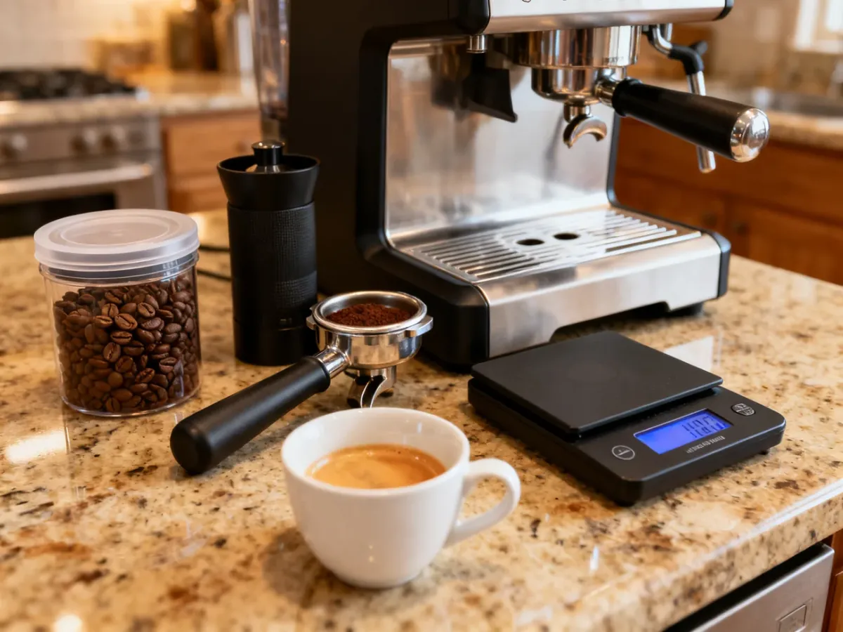 Zestaw do przygotowywania espresso z ziarnami kawy, młynkiem, kolbą i filiżanką