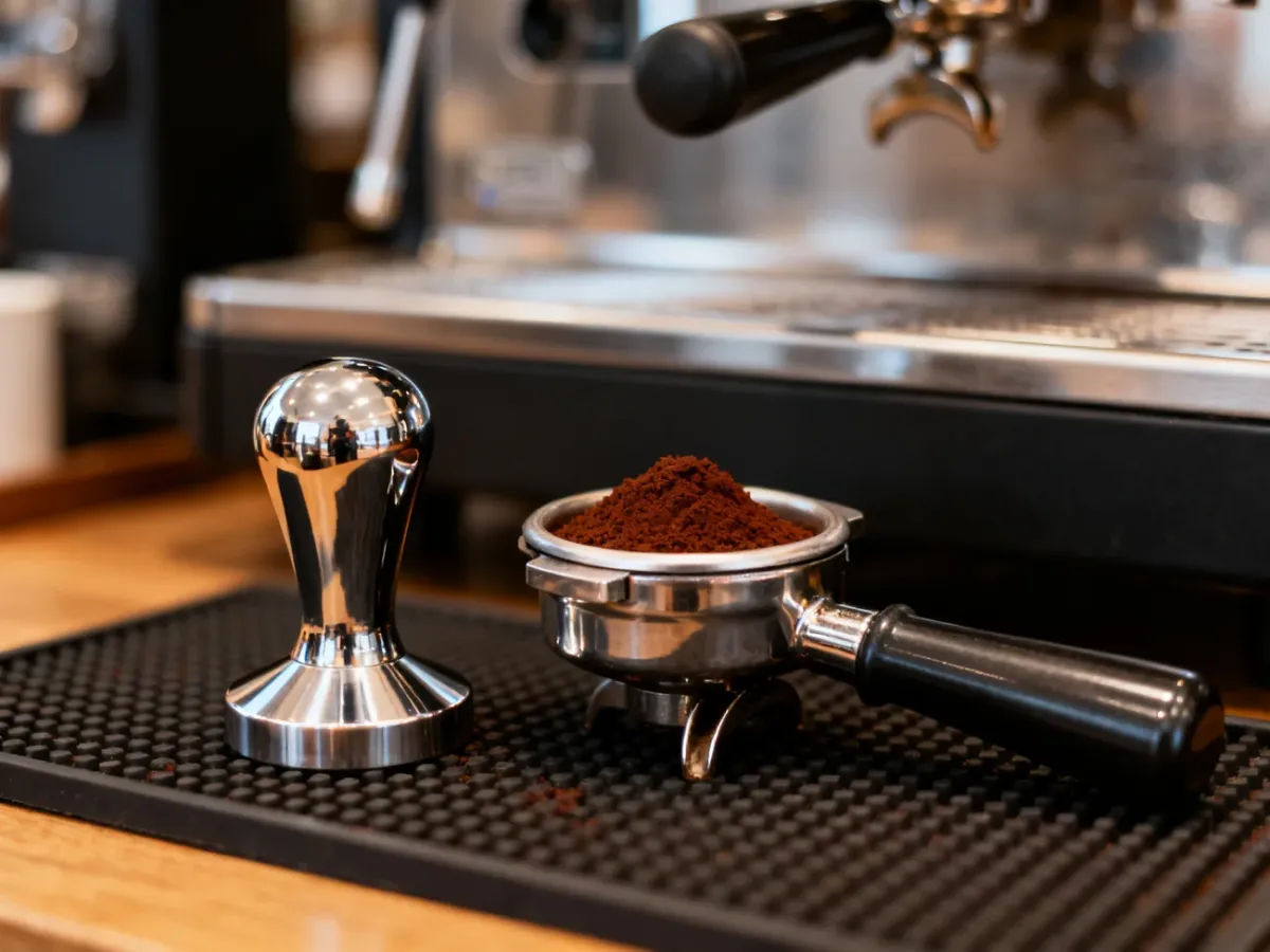Barista poziomo ubijający kawę w kolbie na macie baristycznej