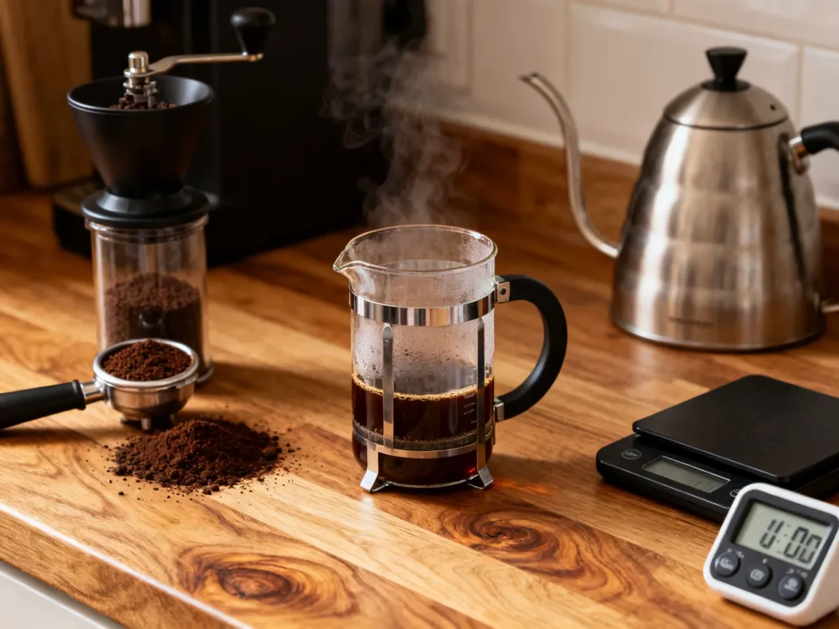 French press i akcesoria przygotowane do parzenia kawy