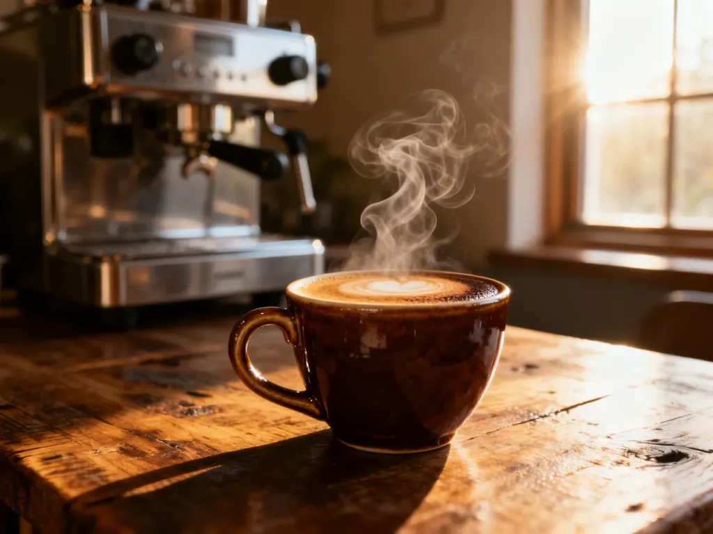Parująca filiżanka espresso z gęstą cremą na drewnianym stole, w tle profesjonalny ekspres w porannym świetle.