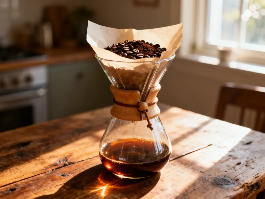 Szklany zaparzacz Chemex z kawą w papierowym filtrze na drewnianym stole w promieniach porannego słońca.