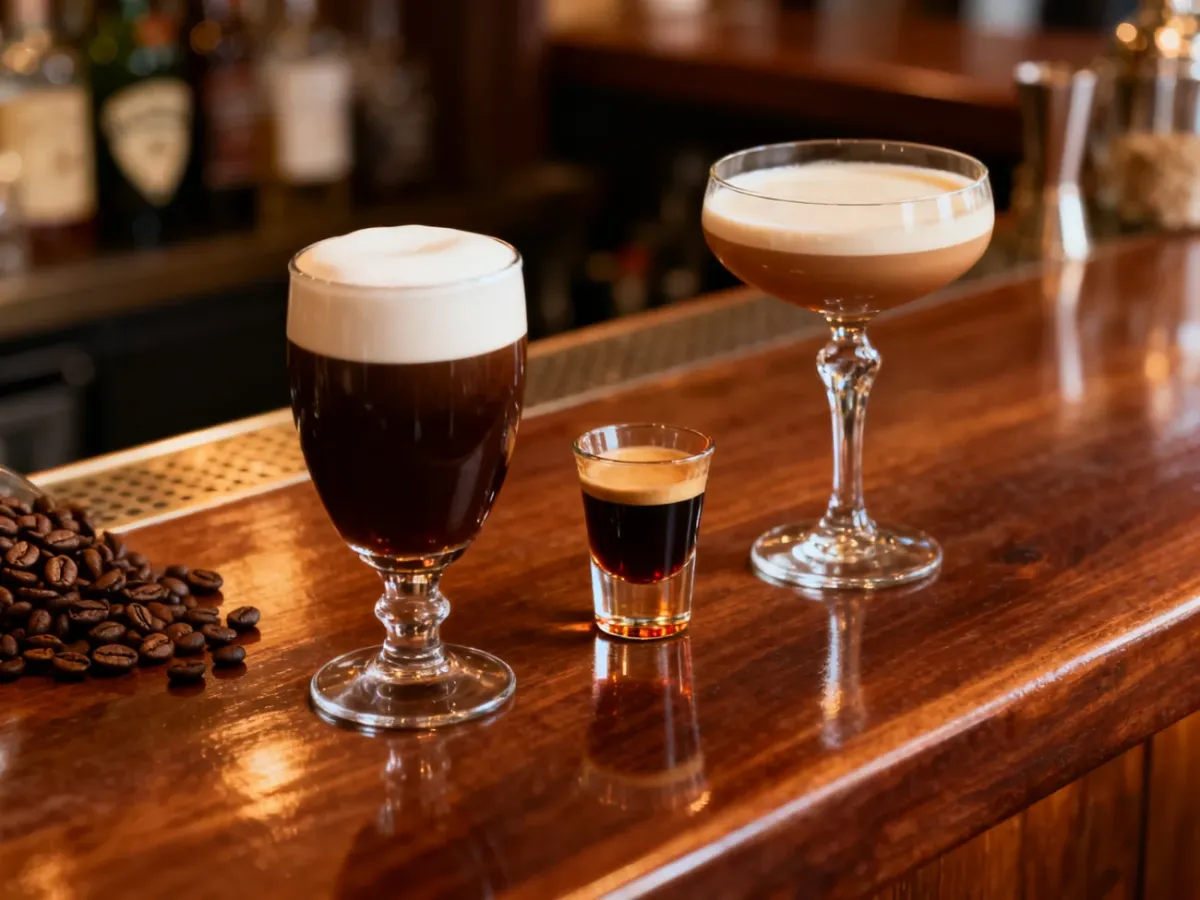 Różne kawy z alkoholem, w tym Irish Coffee i espresso z grappą
