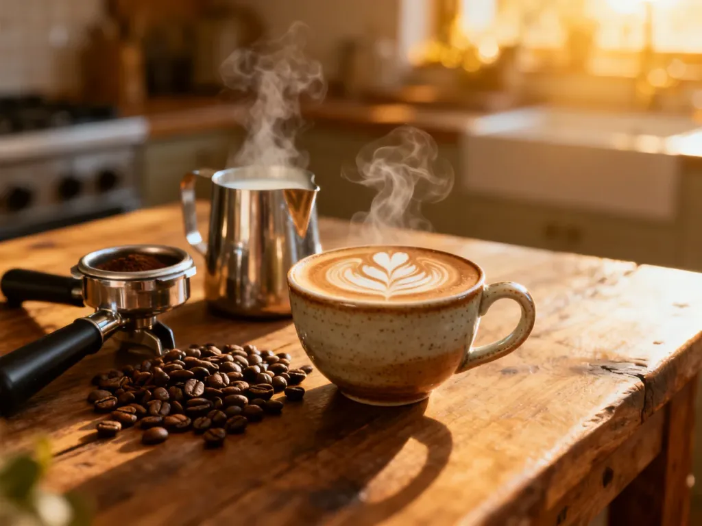 Filiżanka kawy z latte art obok profesjonalnego sprzętu baristycznego na drewnianym stole w przytulnej kuchni.