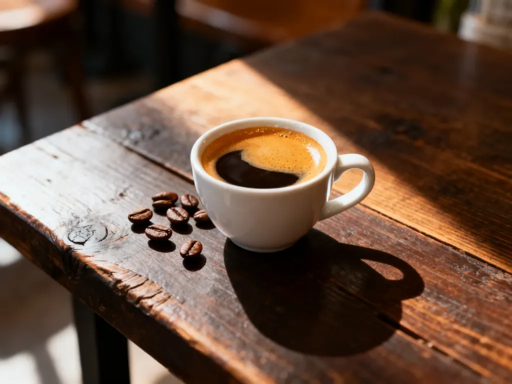 Filiżanka świeżego espresso z gęstą cremą na drewnianym stole, otoczona ziarnami kawy w przytulnej kawiarni.