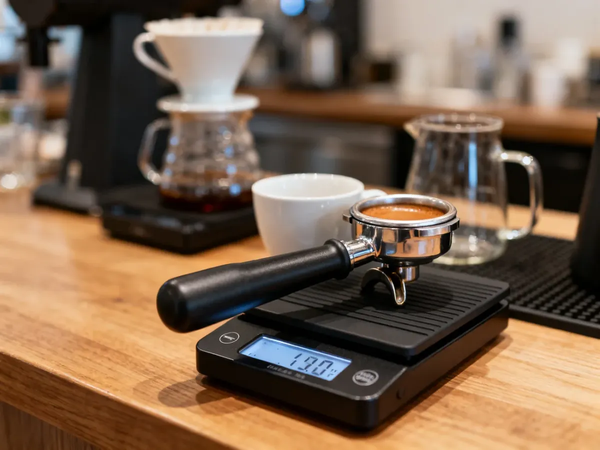 Waga baristyczna używana pod filiżanką espresso wśród akcesoriów do parzenia kawy