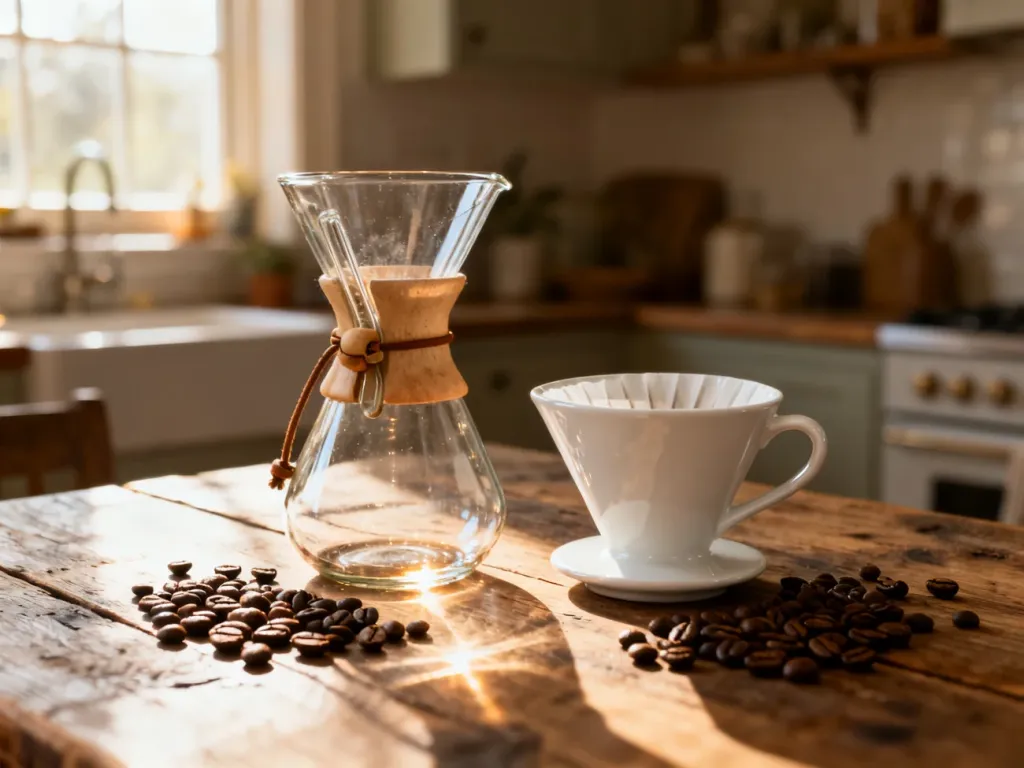 Szklany Chemex i ceramiczny dripper V60 ustawione obok siebie na drewnianym stole w otoczeniu ziaren kawy.