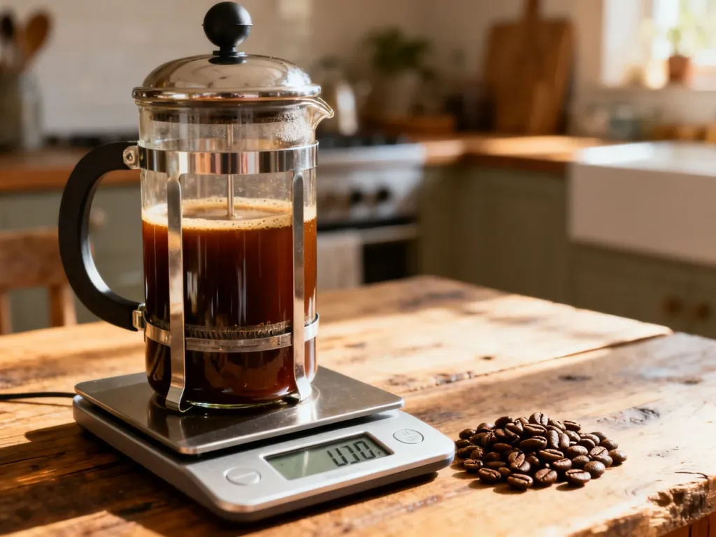 French press z zaparzoną kawą na drewnianym stole obok wagi kuchennej i ziaren kawy, ilustrujący idealne proporcje parzenia.
