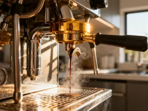 Szklanka z mrożoną kawą cold brew i kostkami lodu na drewnianym stole w słonecznej kuchni.