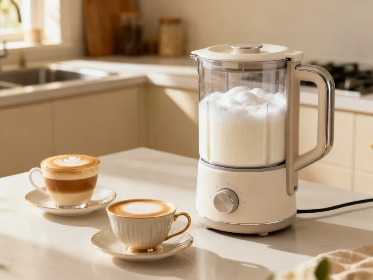 Automatyczny spieniacz do mleka obok cappuccino i latte