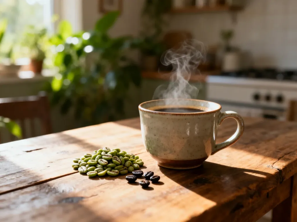 Filiżanka parującej kawy organicznej na drewnianym stole w otoczeniu surowych i palonych ziaren kawowca.