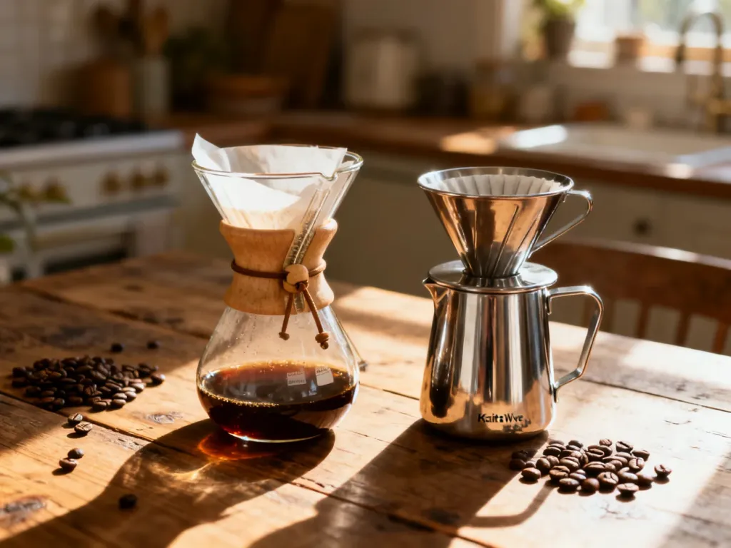 Szklany Chemex i stalowy dripper Kalita Wave stojące obok siebie na drewnianym stole, gotowe do parzenia kawy.