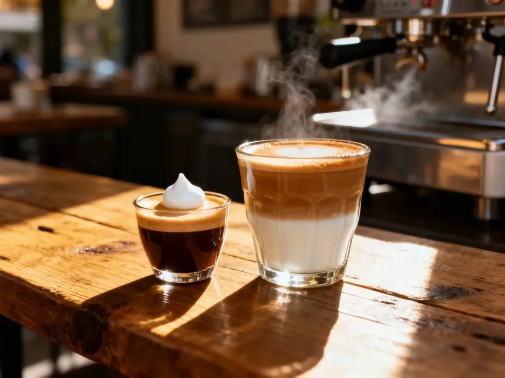 Porównanie espresso macchiato z niewielką ilością pianki oraz cortado z równymi proporcjami kawy i mleka na drewnianym stole.