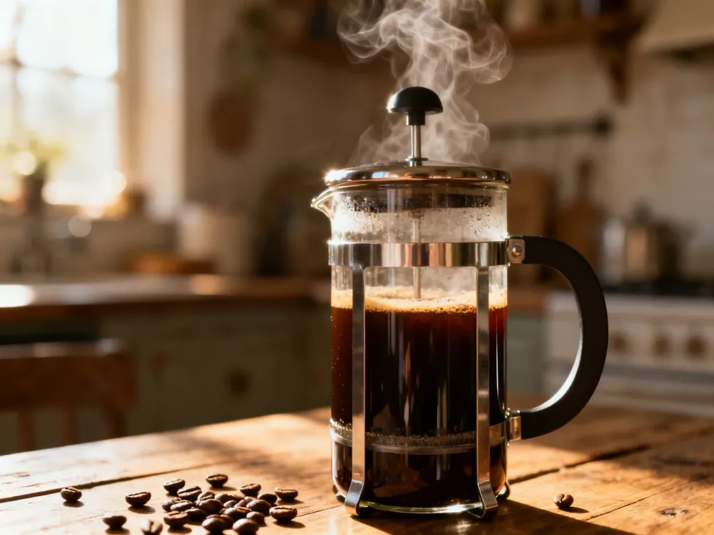 Szklany French press z parzącą się kawą na drewnianym stole w promieniach porannego słońca.