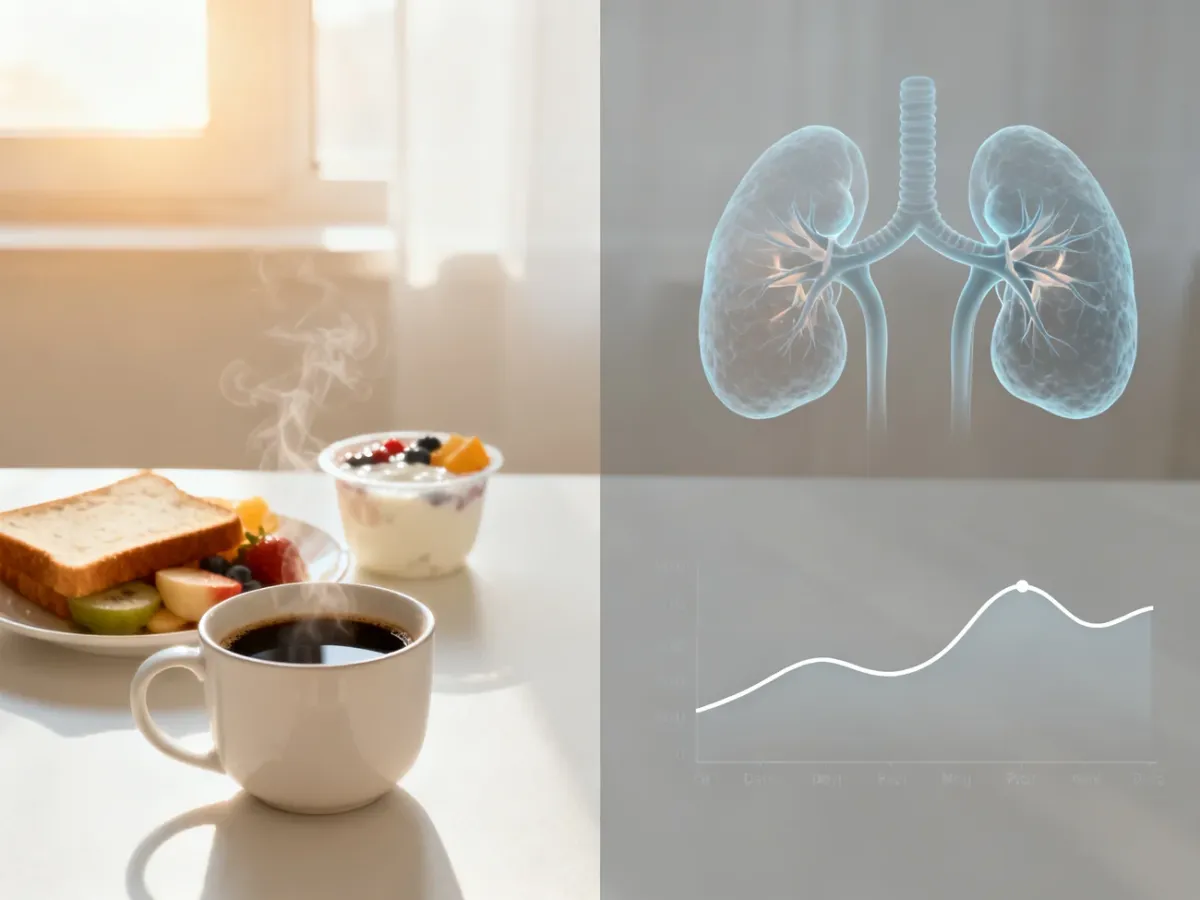 Filiżanka kawy obok śniadania z subtelną ilustracją porannego rytmu kortyzolu