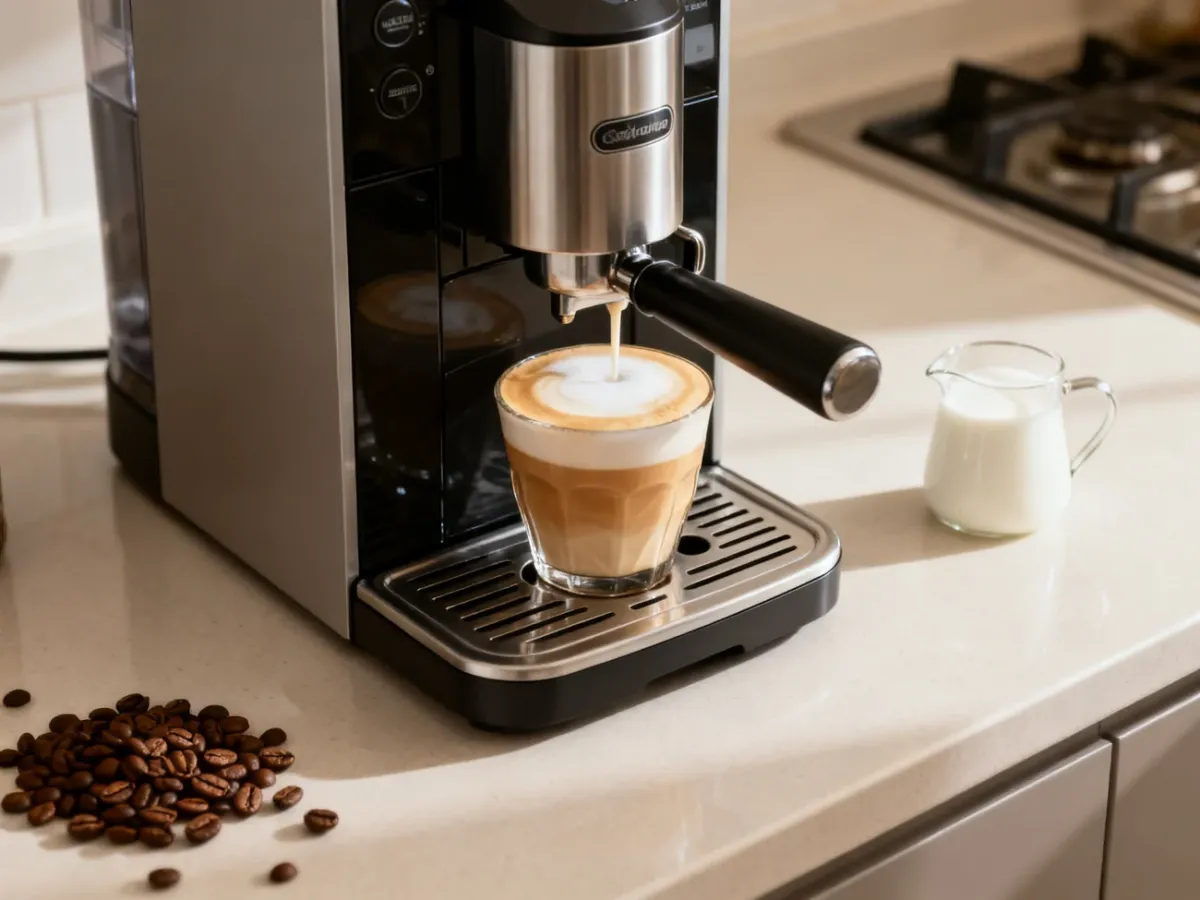 Automatyczny ekspres przygotowujący cappuccino na kuchennym blacie