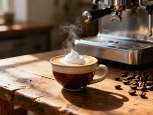 Filiżanka świeżego espresso z gęstą cremą na drewnianym stole, w tle profesjonalny ekspres i ziarna kawy.