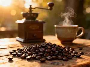 Filiżanka jasnego espresso z gęstą cremą oraz rozsypane ziarna kawy o jasnym wypaleniu w przytulnej kawiarni.